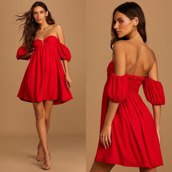 Lulus | My Dream Date Red Off-the-Shoulder Mini Dress - Picture 1 of 8